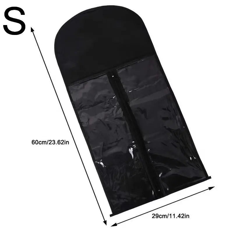 Wig Storage Bag With Hanger Holder for safe, water and dust-proof wig storage in black protective pouch.