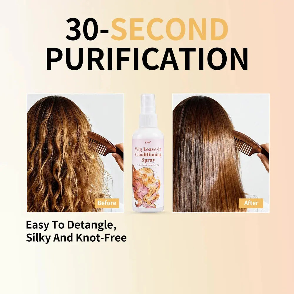 Wig Hair Care Oil Spray before and after, showcasing easy detangling and silky, knot-free hair results.