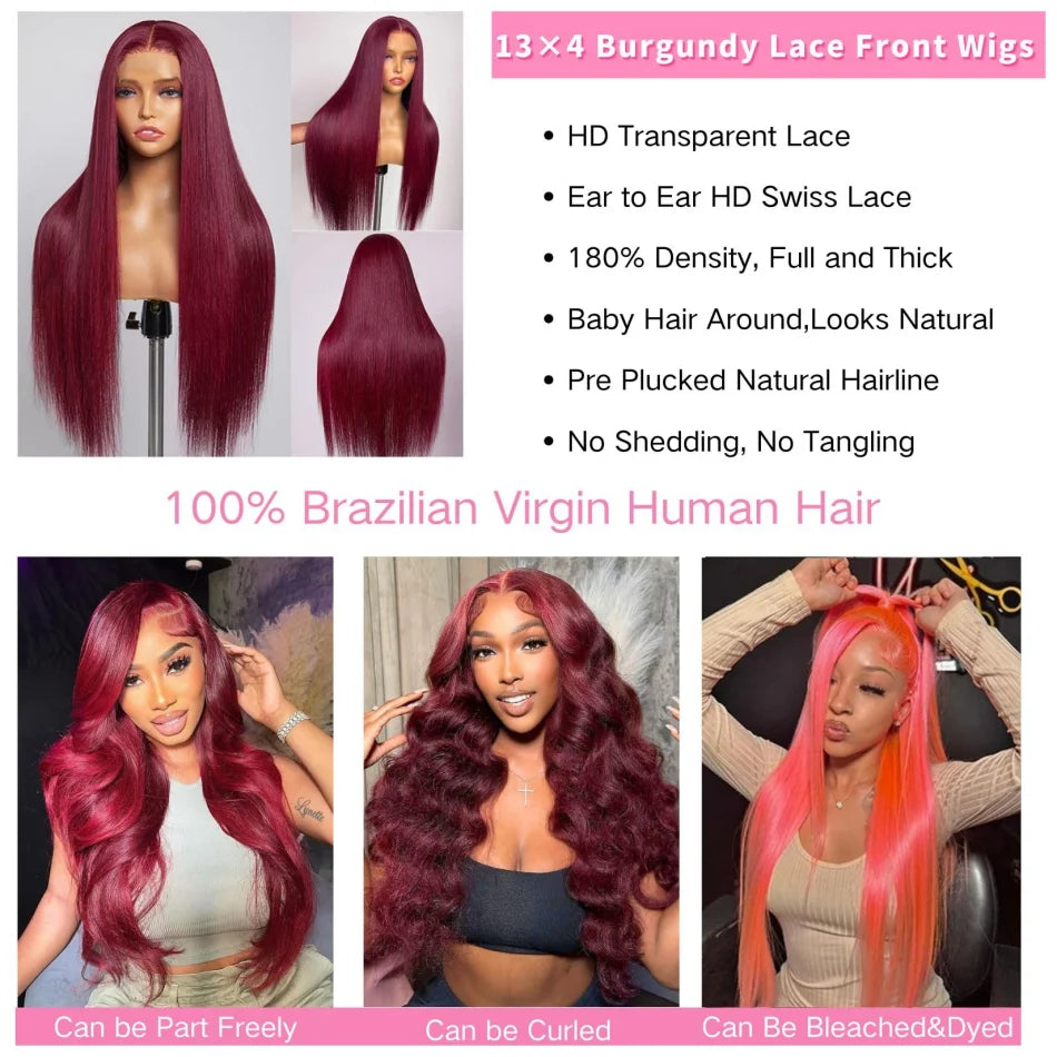 99J Burgundy Human Hair Wigs Straight Lace Front Wigs 13X6 Hd Lace Frontal Wigs Colored Red Brazilian Hair 250 Density For Women