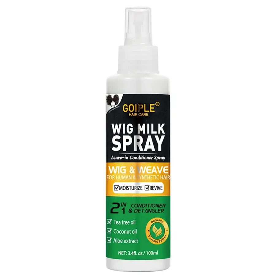 100ml Wig Milk Spray for moisturizing care of synthetic hair and wigs, featuring tea tree and coconut oil.