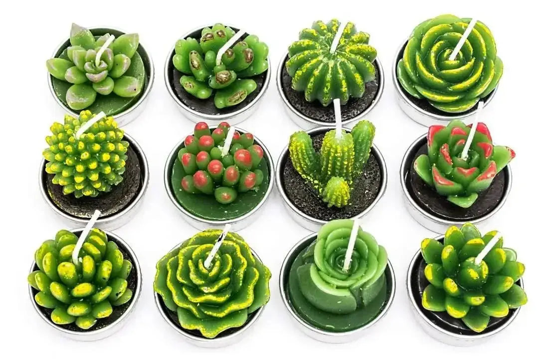 12pcs Mini Cactus Candles Succulent Greenery Candles Flameless Tea Light Candles Suitable for Party Wedding Home Decoration Mysterious