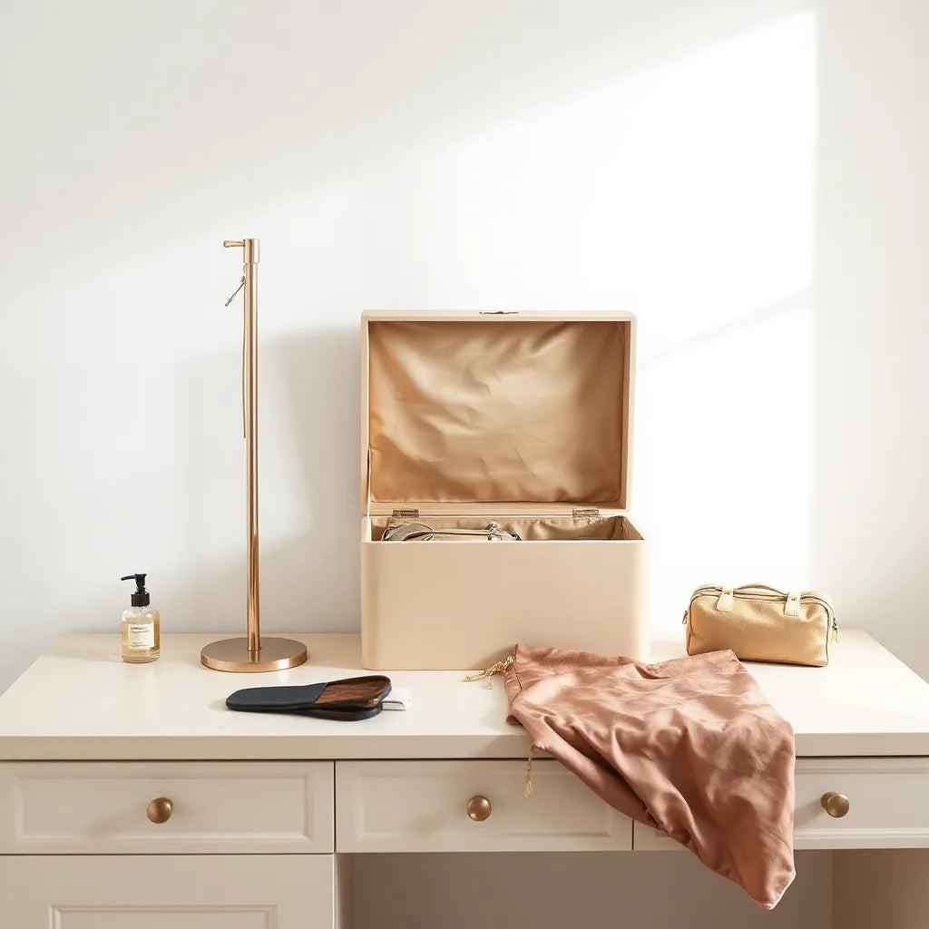 Elegant wig storage setup with satin-lined case and wig stand on a neutral vanity