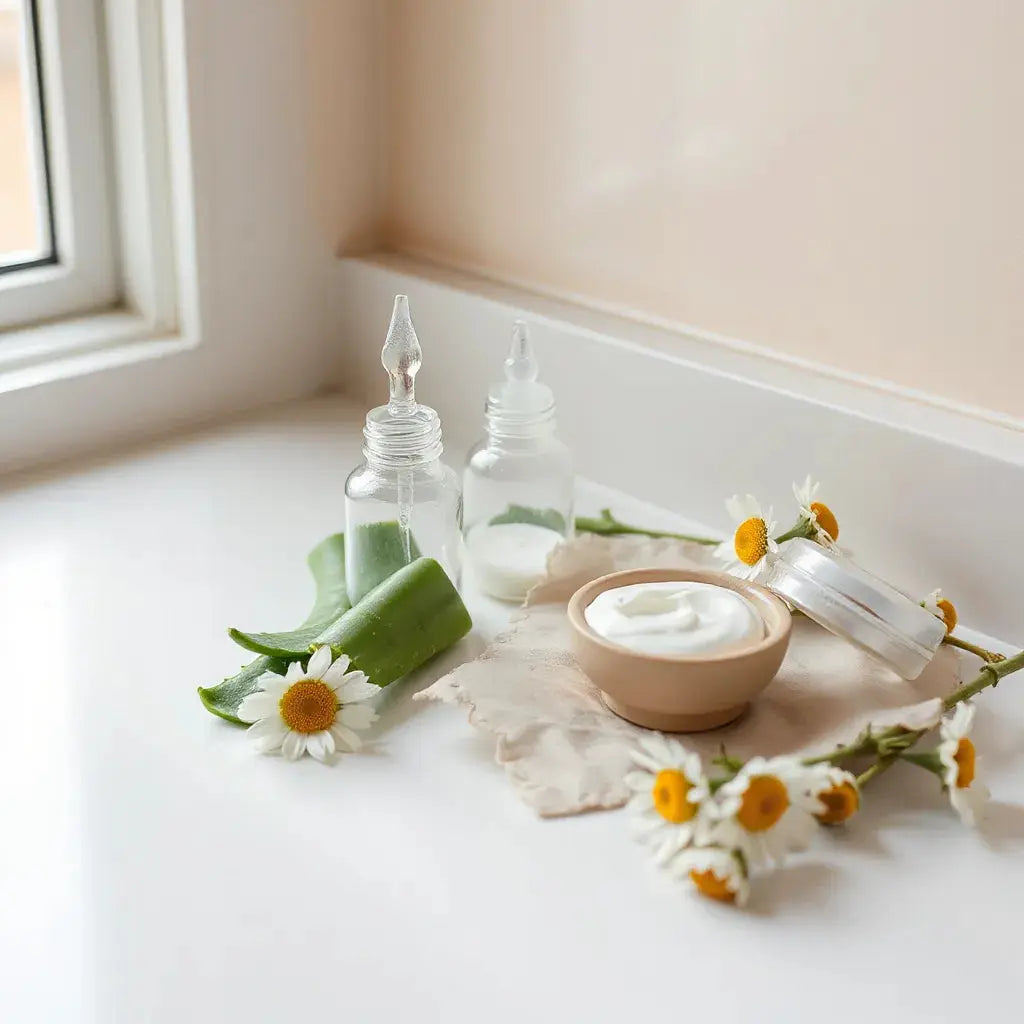 Natural skincare products with cream in a small bowl, dropper bottle, and chamomile and aloe on a clean surface