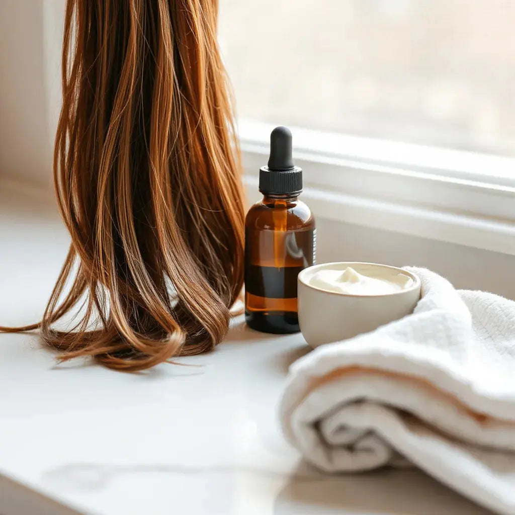 Healthy hair strands with hair mask and essential bottles on a minimalist counter.