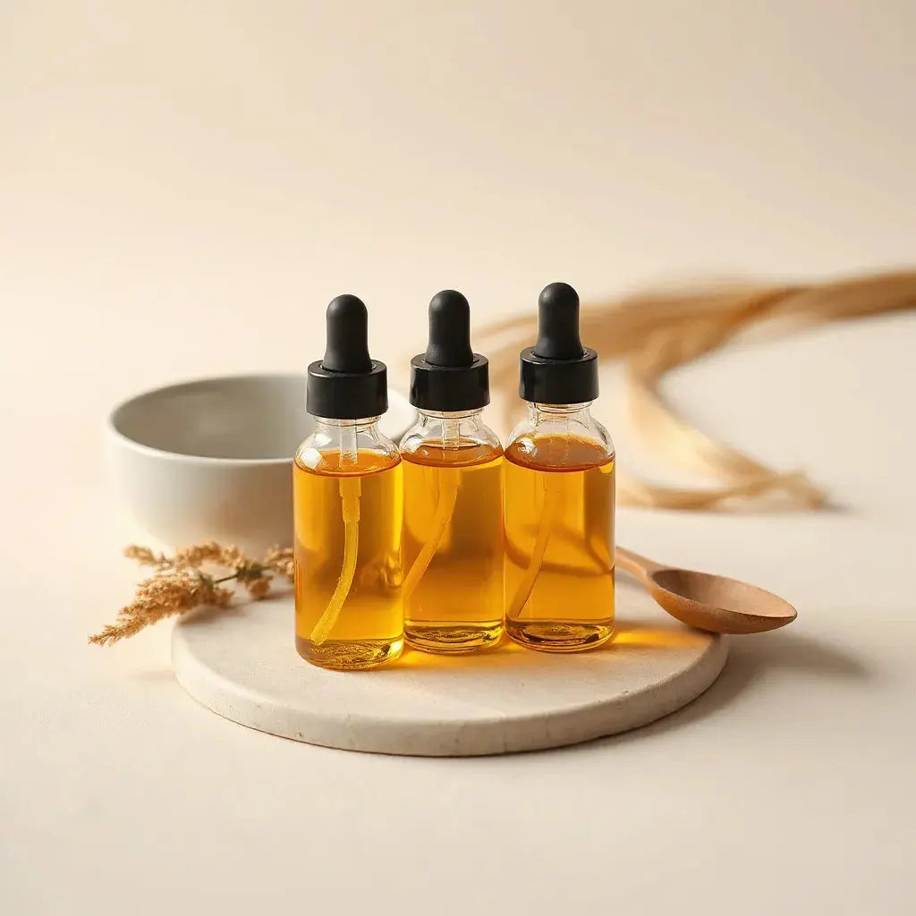 Golden hair oil in glass droppers with glossy hair strands on a clean, neutral background