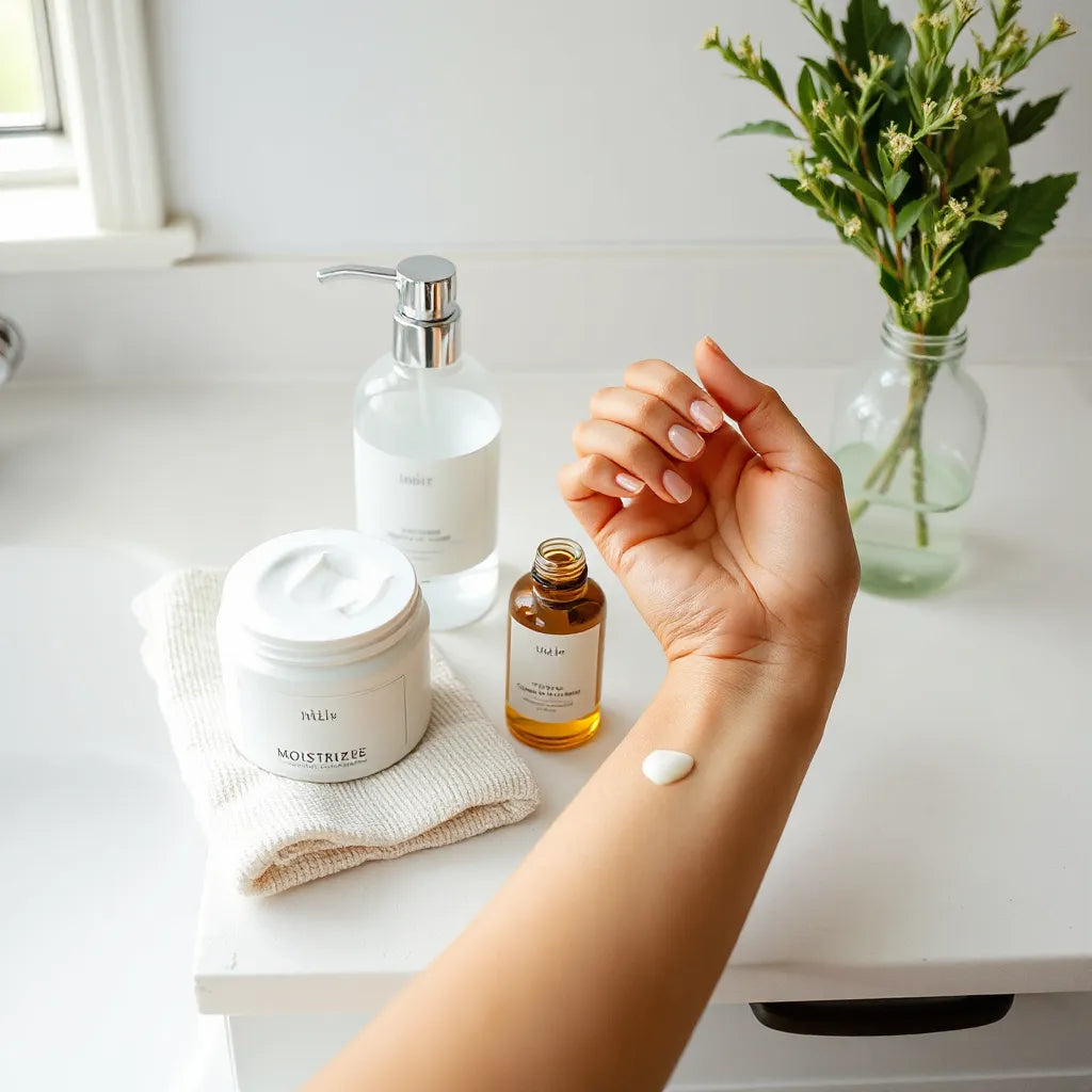 Assorted skincare bottles and a moisturizer jar with hands applying cream on forearms in natural daylight