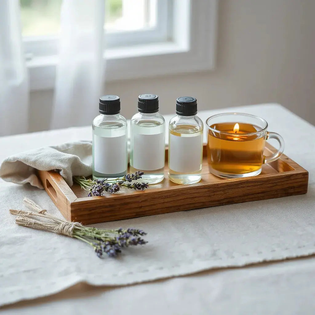 Wooden tray with unlabeled essential oil bottles, lavender sprigs, and a warm candle for a calm evening routine