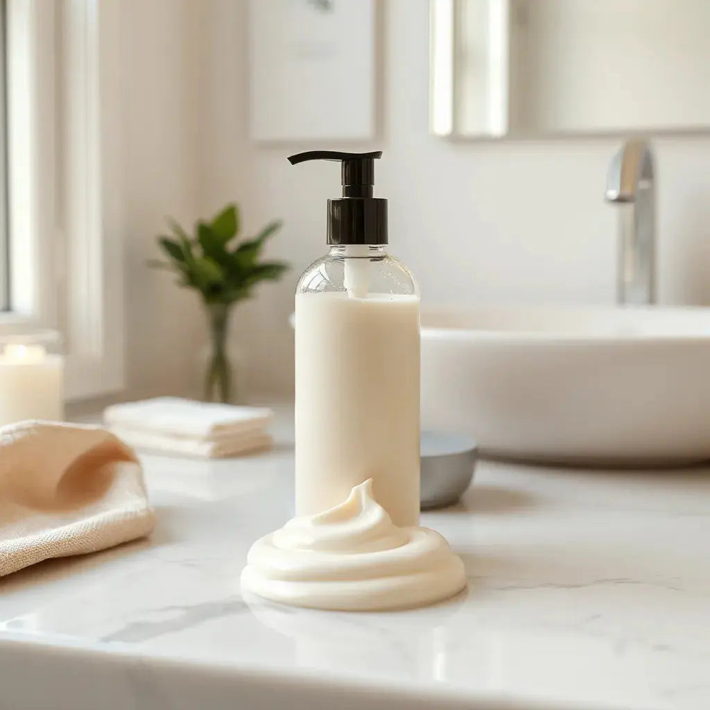 Luxury body lotion bottle with creamy lotion swirl on a clean, light countertop