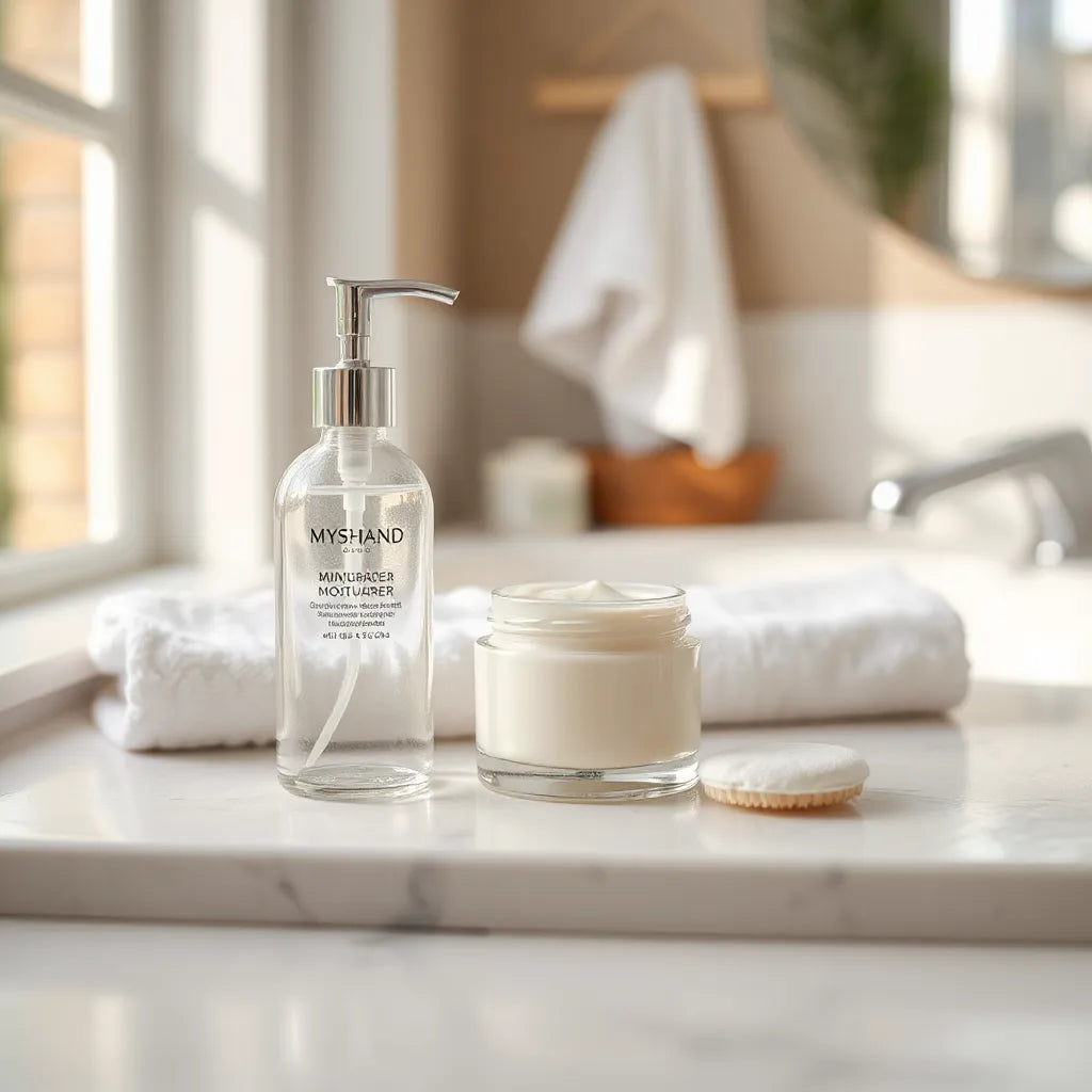 Minimal fragrance-free skincare products on a bright vanity with soft natural light
