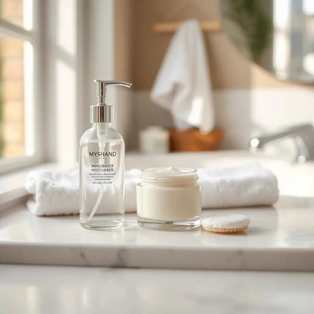 Minimal fragrance-free skincare products on a bright vanity with soft natural light