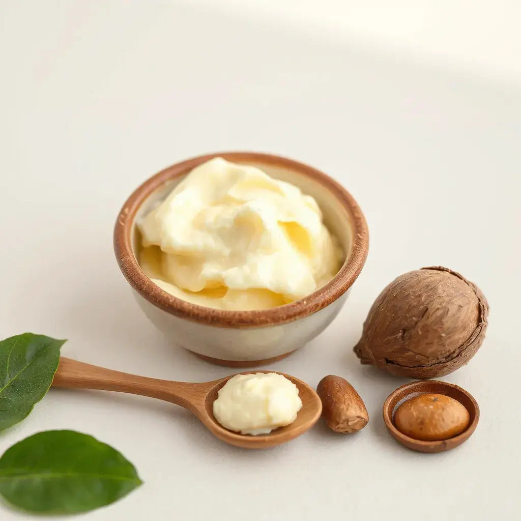 Creamy shea butter in a bowl with a wooden spoon and natural shea nuts on a clean surface