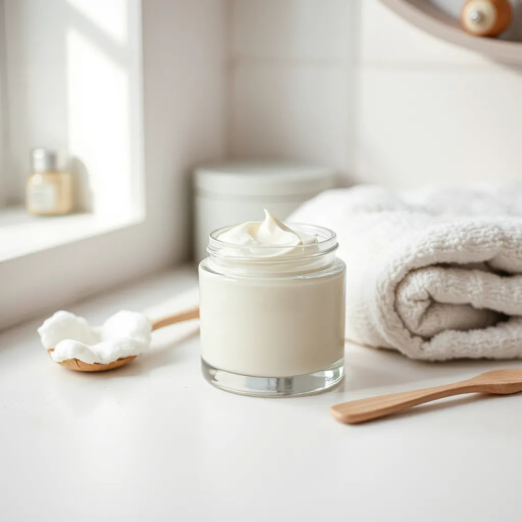 Jar of gentle moisturizing cream with a spatula on a clean countertop and soft natural light