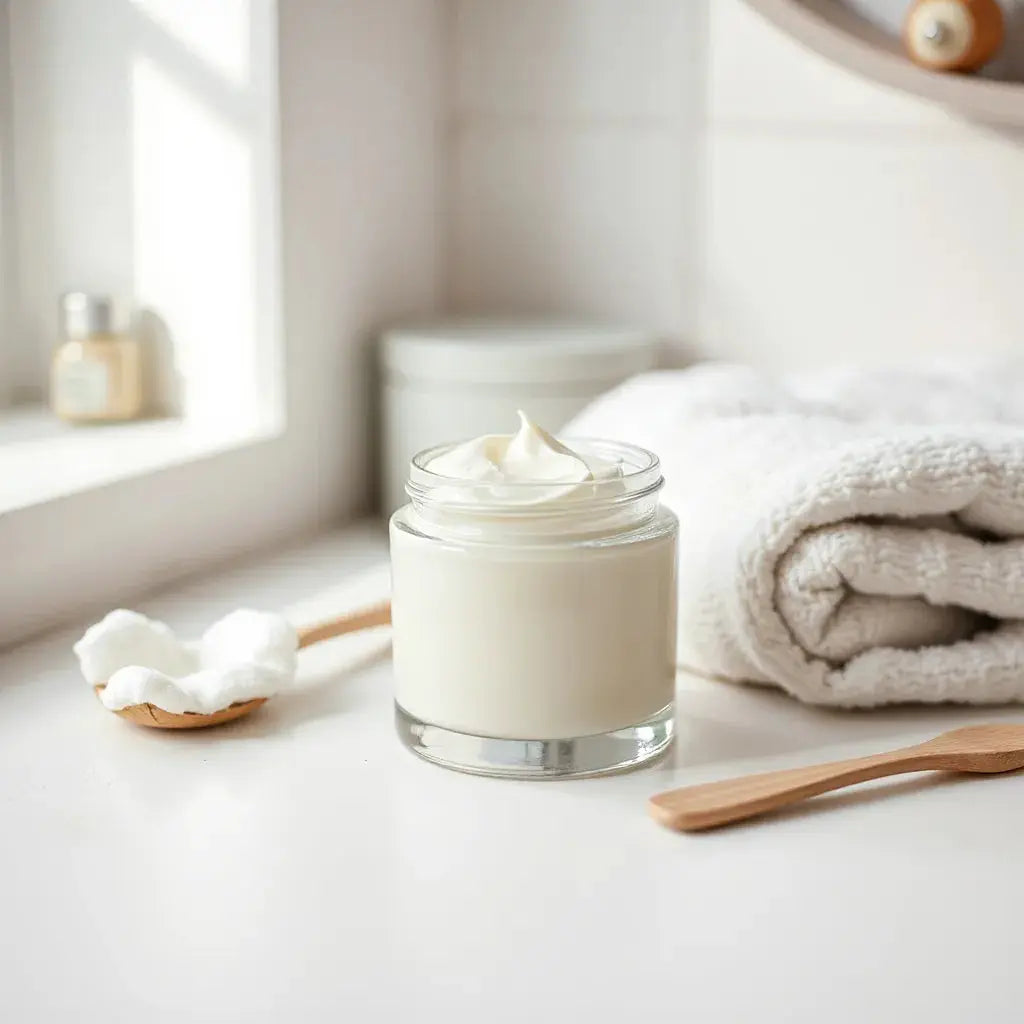 Jar of gentle moisturizing cream with a spatula on a clean countertop and soft natural light
