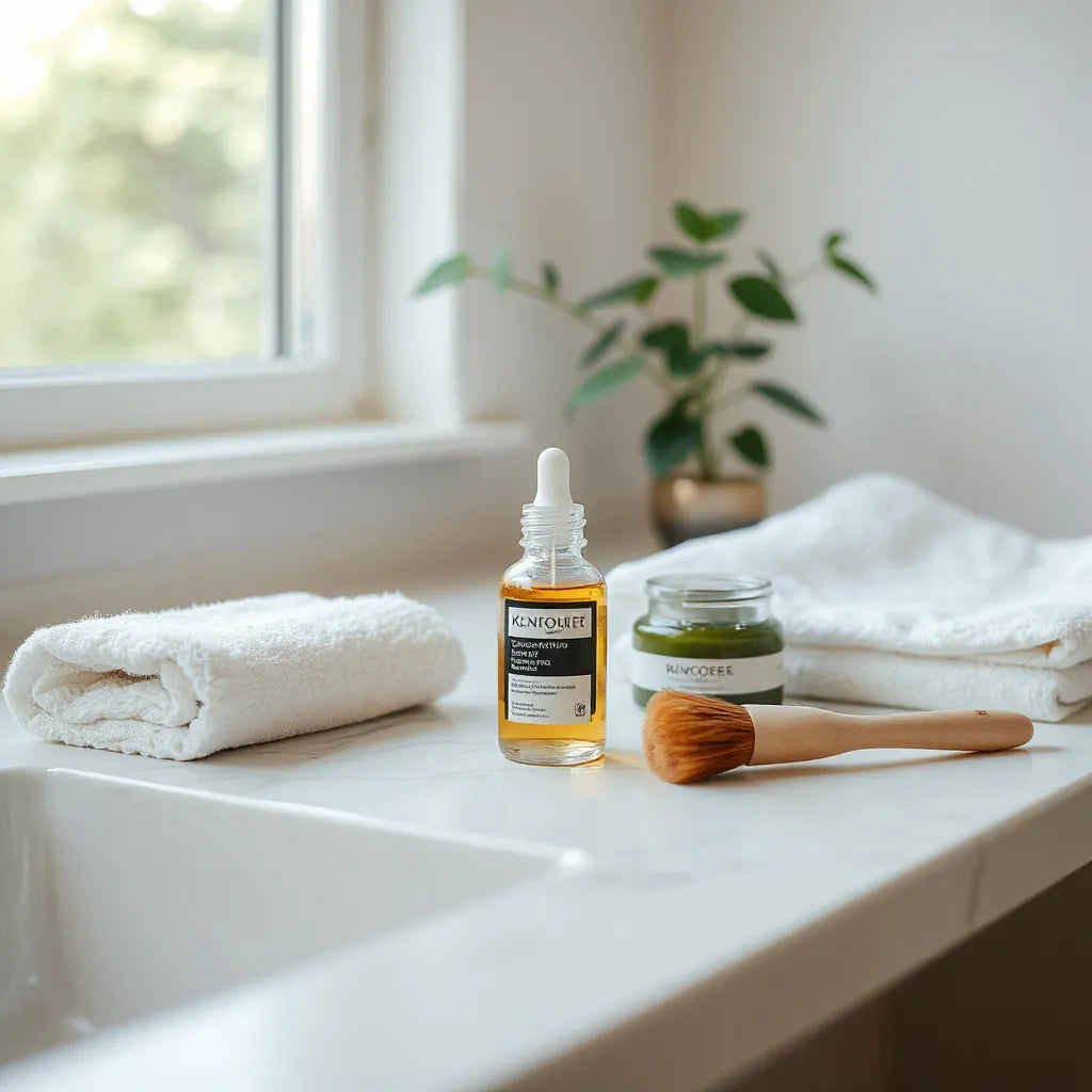 Skincare products and towel on a clean vanity with soft natural light for a calming beauty routine