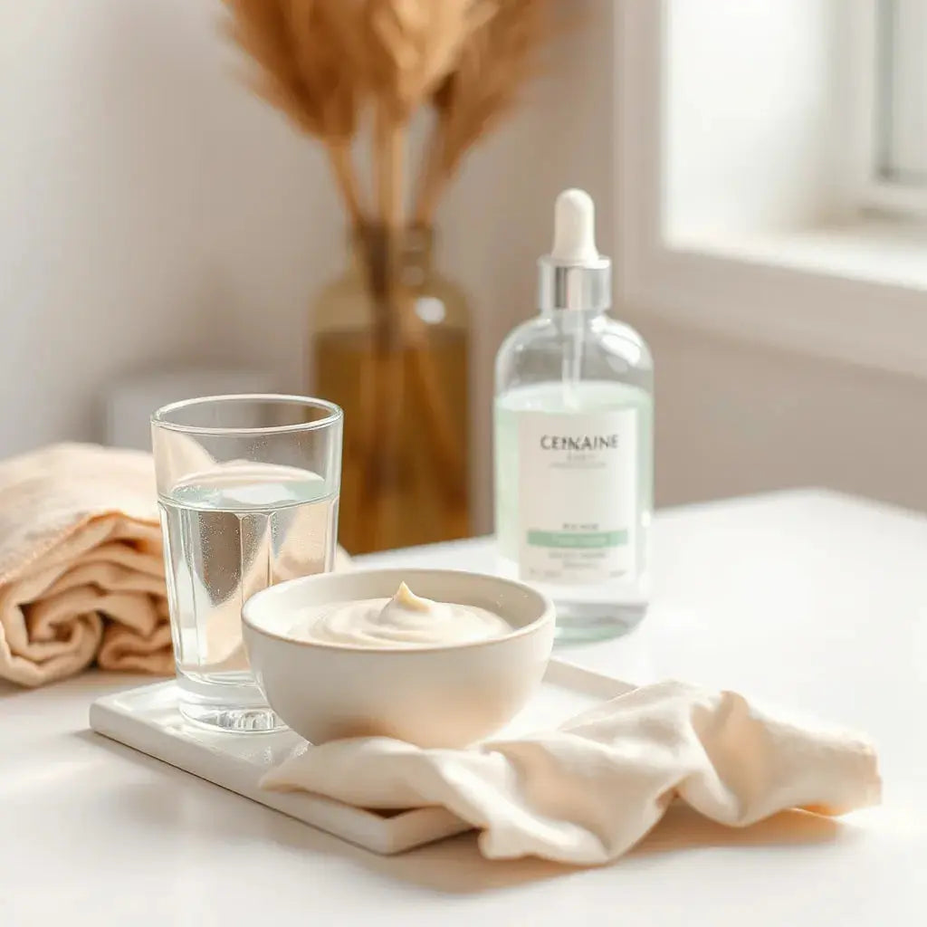 A glass of water and a moisturizer cream bowl beside a towel in soft natural light