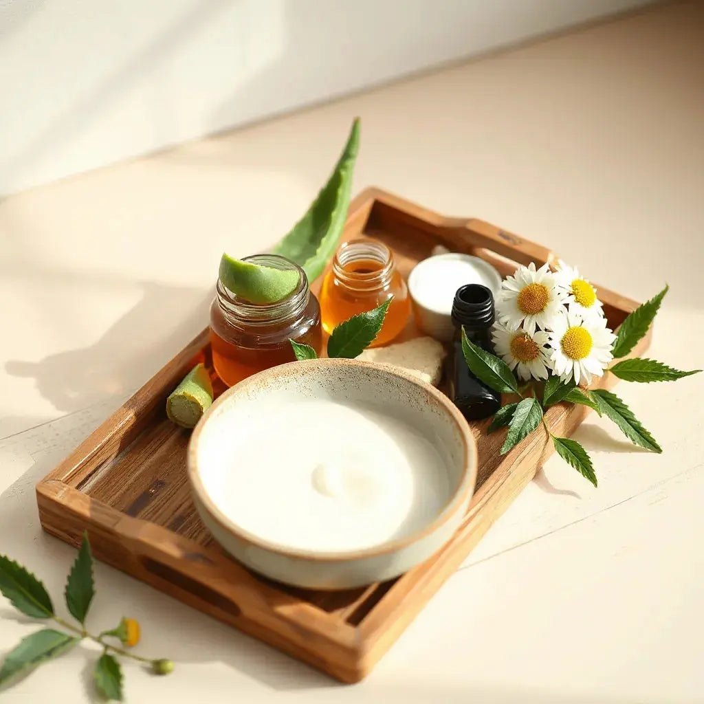 Natural skincare ingredients arranged on a wooden tray with cream and botanical elements