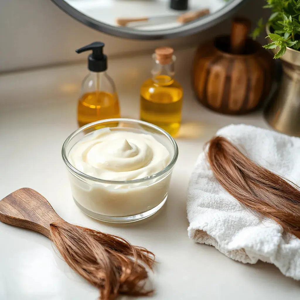 Hair care essentials on a clean vanity: creamy mask, comb, hair oil, and soft towel with healthy strands