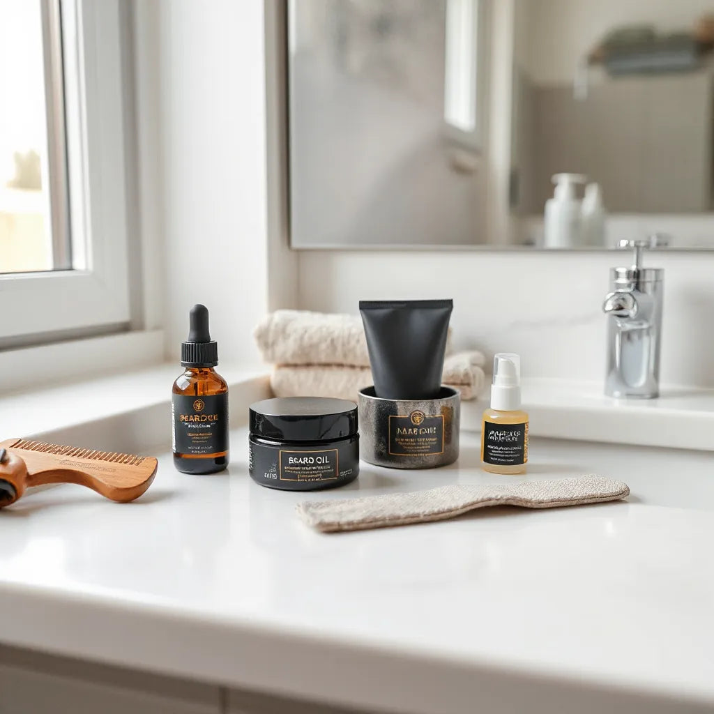 Neatly arranged men’s grooming products for beard, hair, and skin care on a bathroom counter