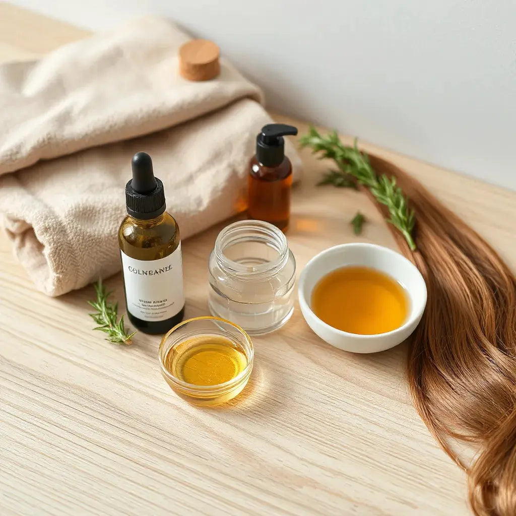 Nourishing hair care products with natural oils and glossy hair strands on a light wood surface