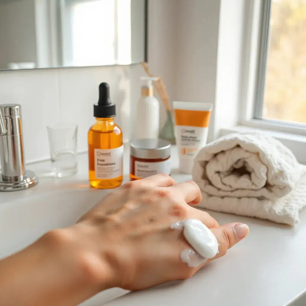 Hand applying moisturizer beside skincare bottles and sunscreen on a sunlit vanity
