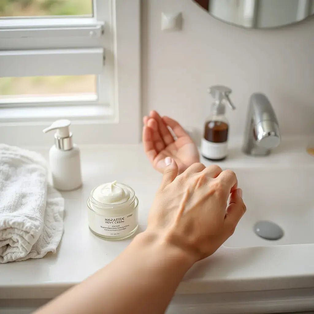 Hand spreading moisturizing body cream on forearm next to a cream jar in a bright bathroom setting