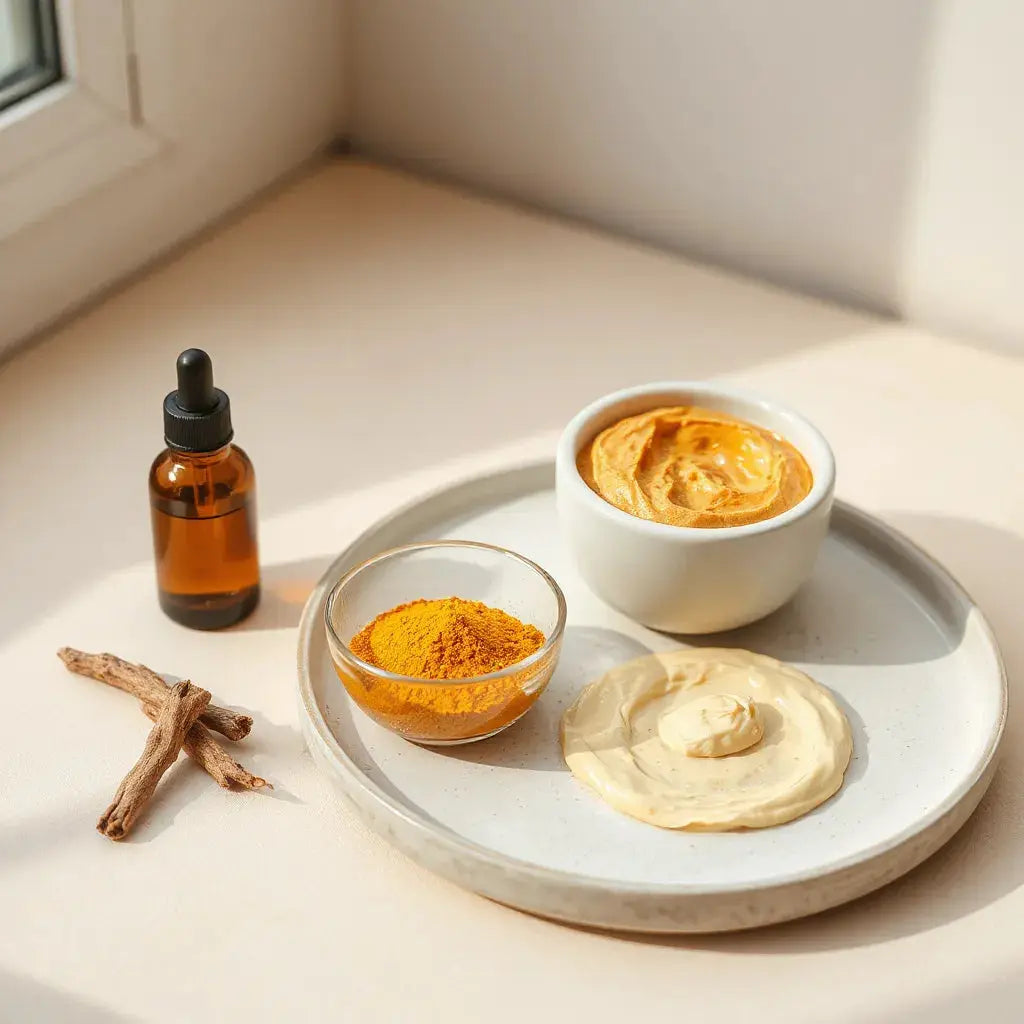 Golden turmeric powder, amber dropper bottle, and creamy skincare mask on a ceramic surface