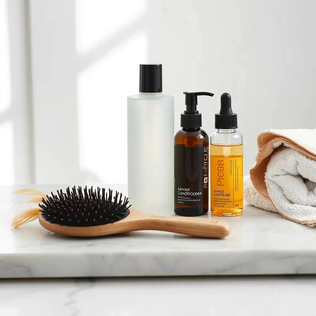 Luxury hair care bottles and oil serum arranged on a light marble vanity with a hair brush.