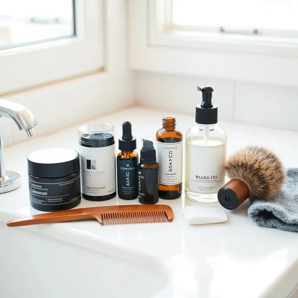 Neatly arranged men’s grooming essentials including beard oil, moisturizer, shaving cream, shampoo, comb, and brush.