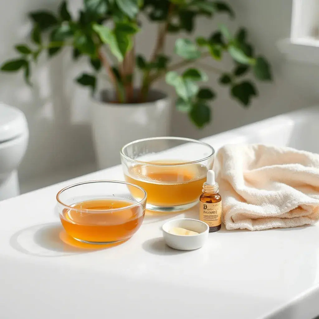 Skincare essentials arranged on a clean counter with a gentle glowing morning ambiance