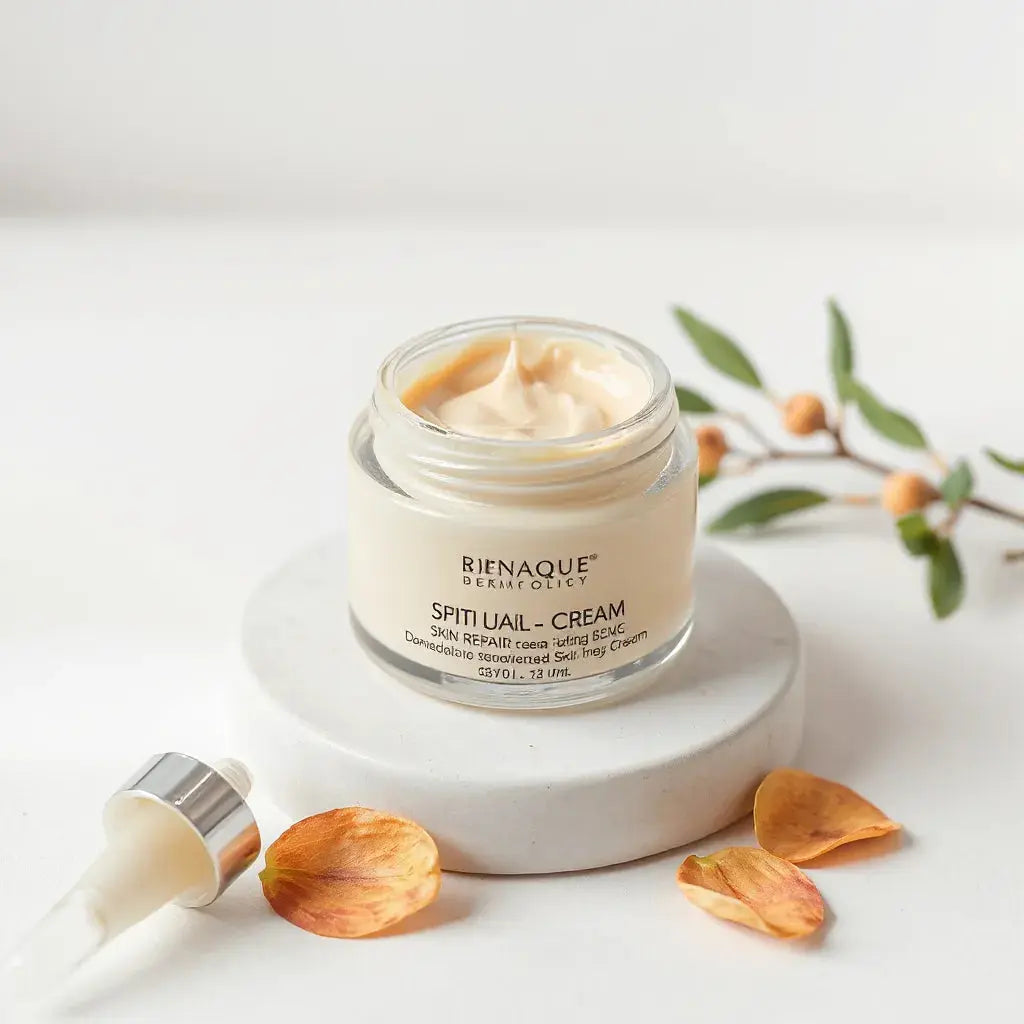 Cream jar with skin-repair texture on a clean surface with soft botanical accents
