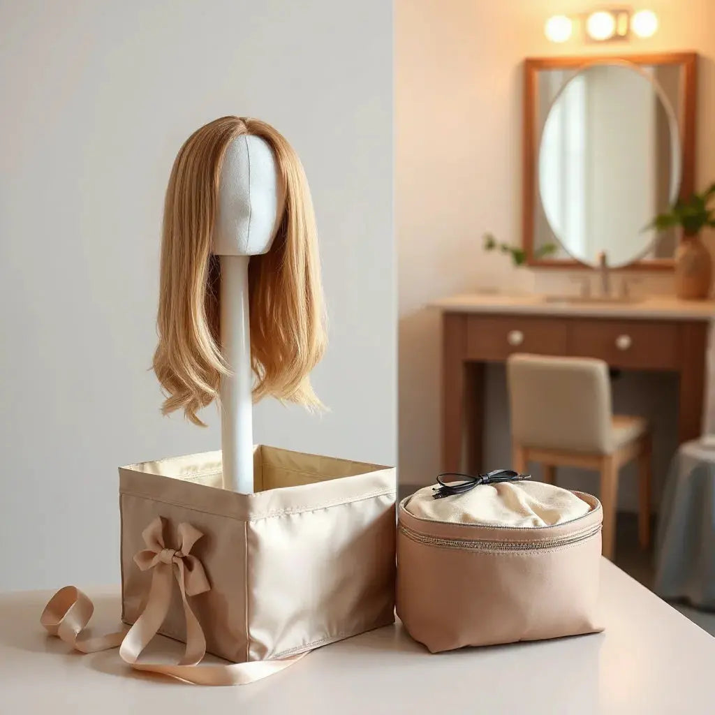 Satin-lined wig stand and breathable storage box on a clean vanity for protecting wig shape