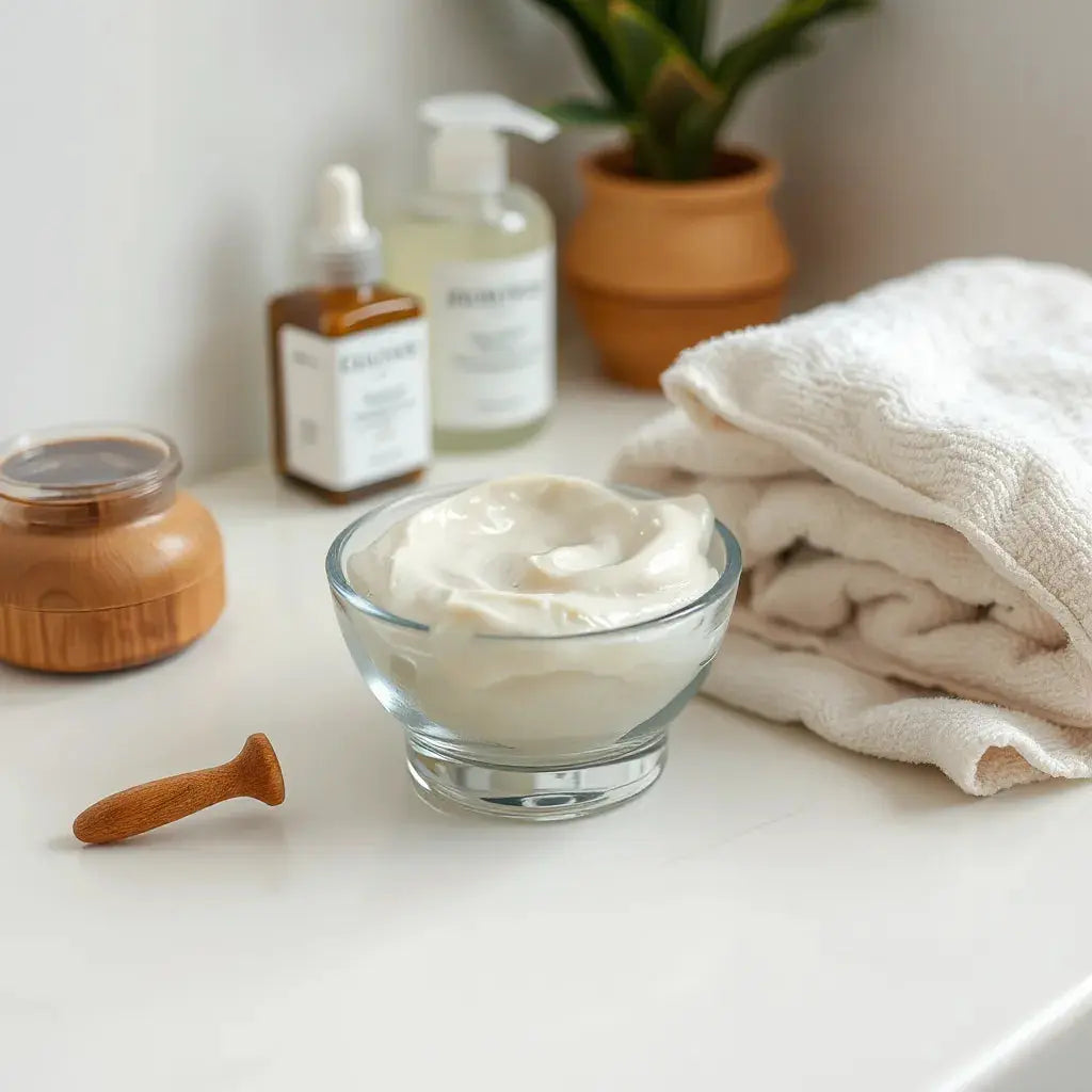 Smooth hydrating face mask in a bowl with a spatula on a clean skincare countertop
