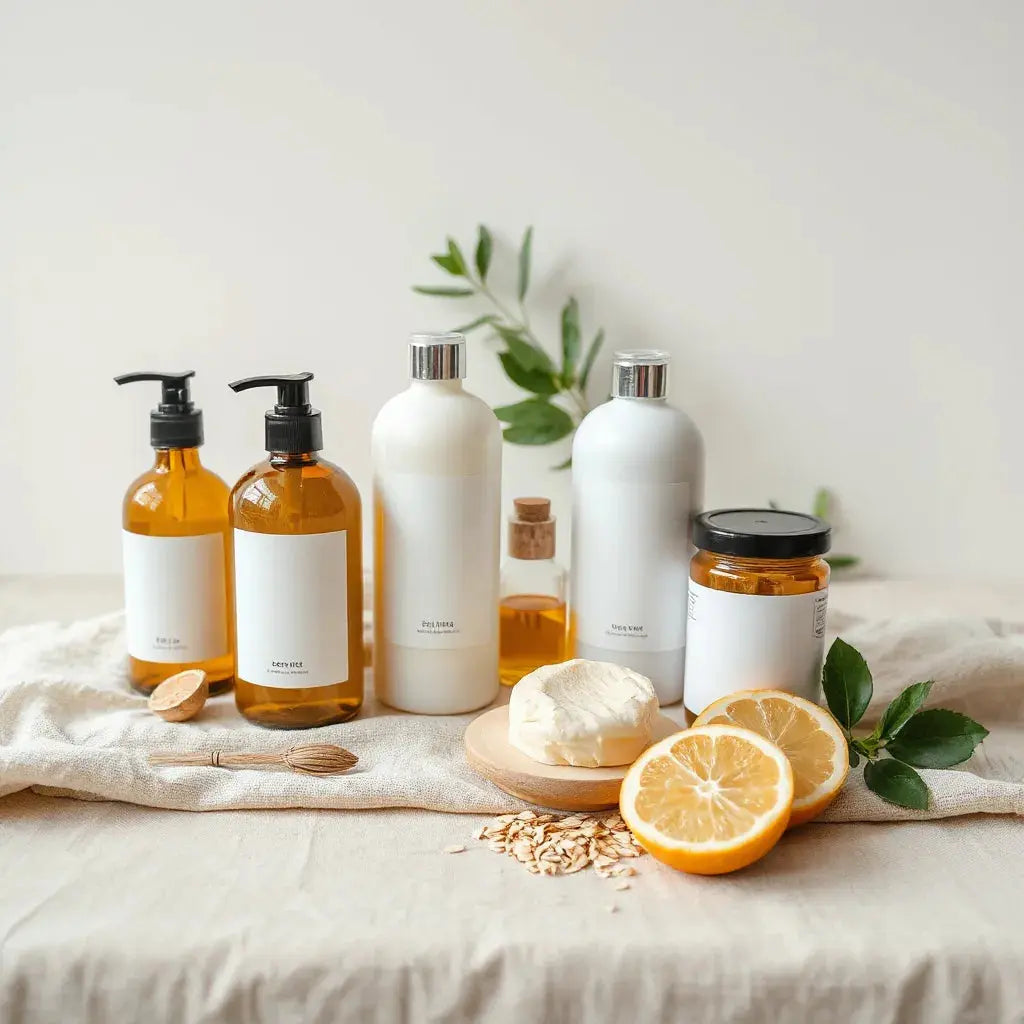 Neatly arranged organic body care products with natural ingredients on a light linen cloth