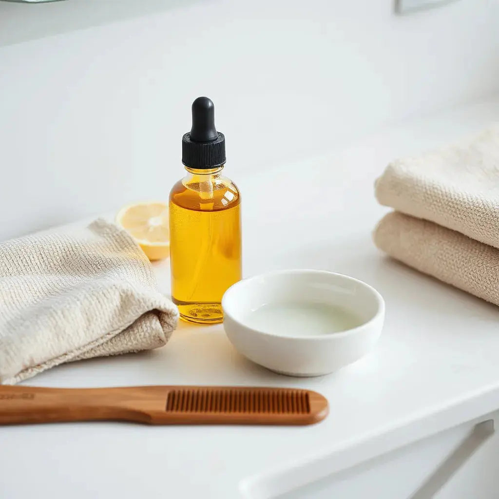 Scalp care essentials on a clean vanity, including a serum dropper, comb, and towel