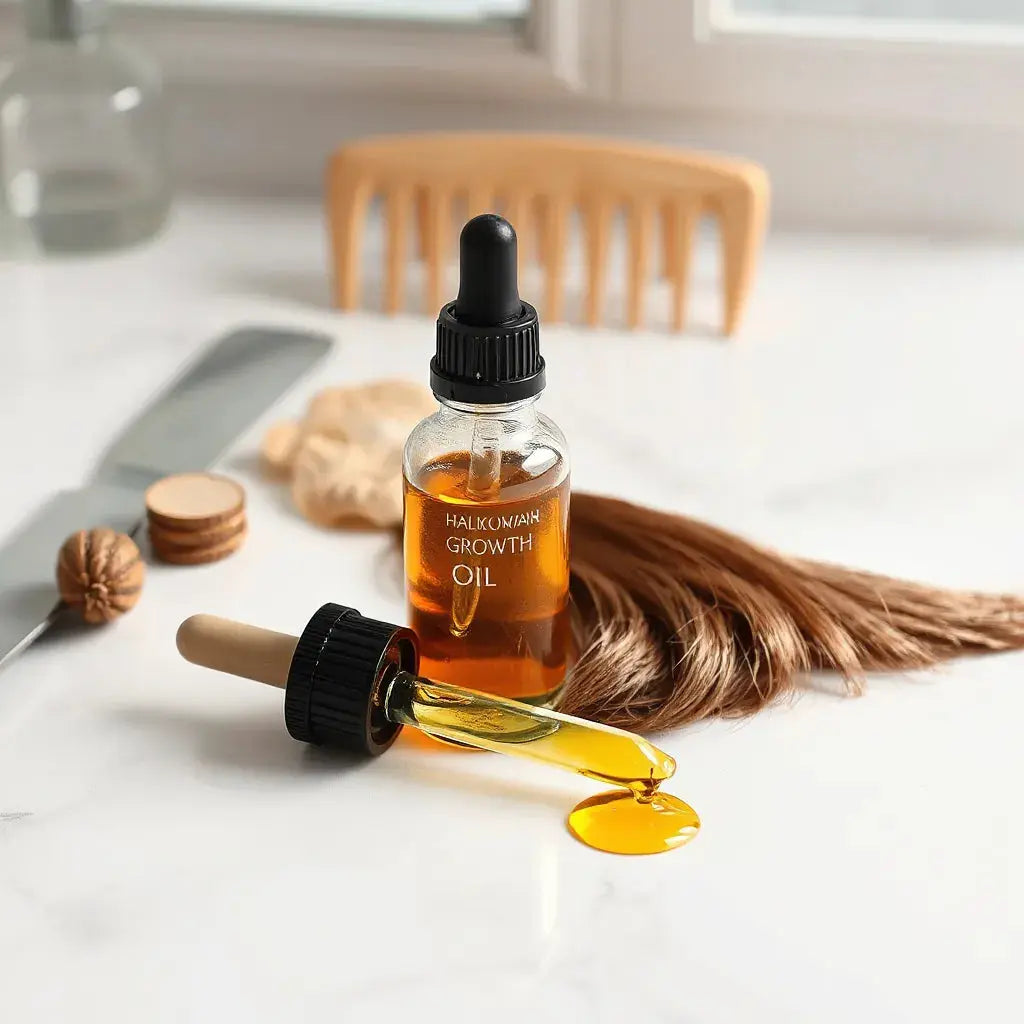 Amber-gold hair growth oil bottle with dropper beside soft hair strands on a clean vanity