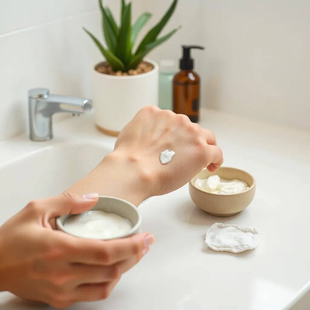 Person applying gentle moisturizer to sensitive, slightly reddened skin in a clean bathroom setting