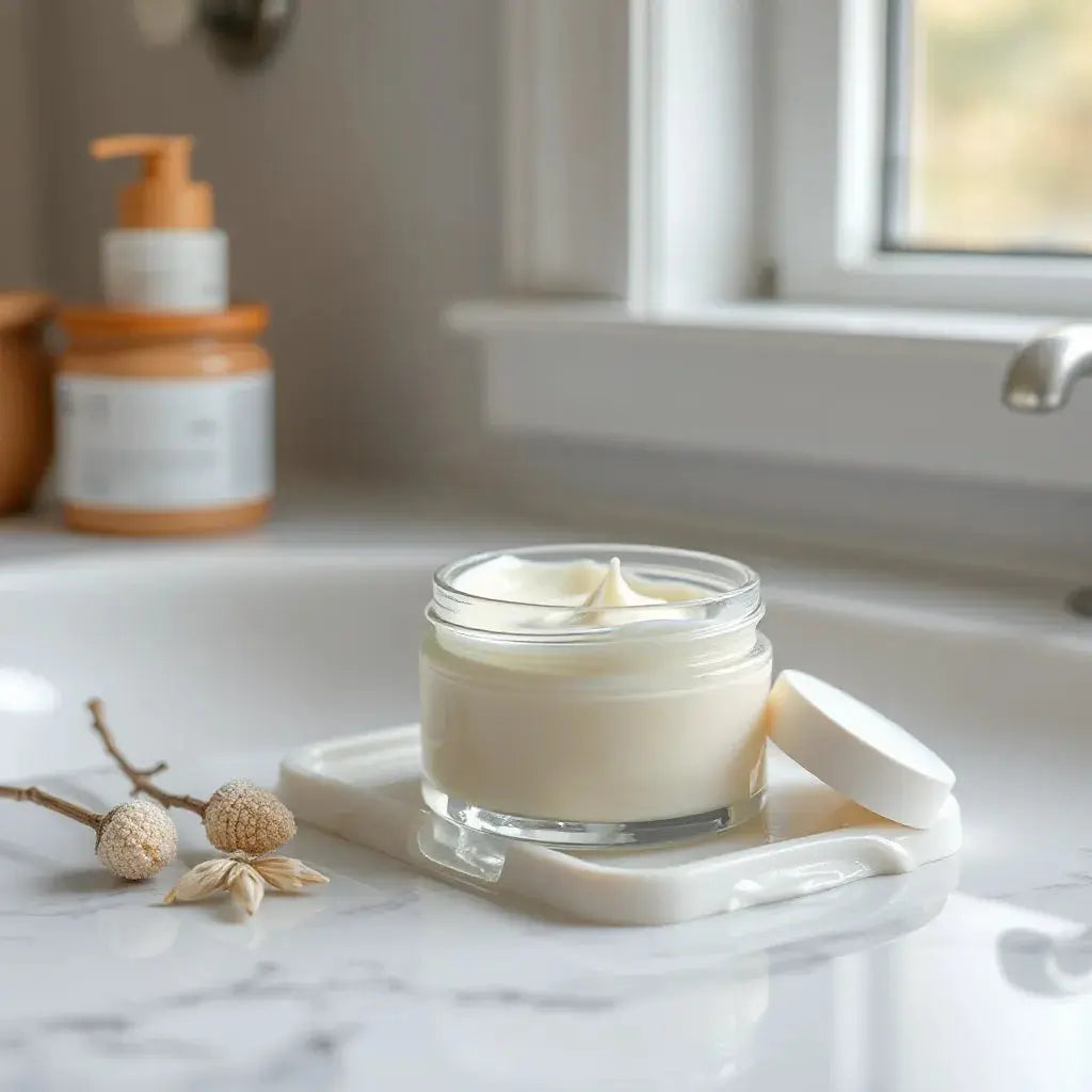 Rich body cream jar with creamy lotion and spatula on a clean vanity under soft natural light