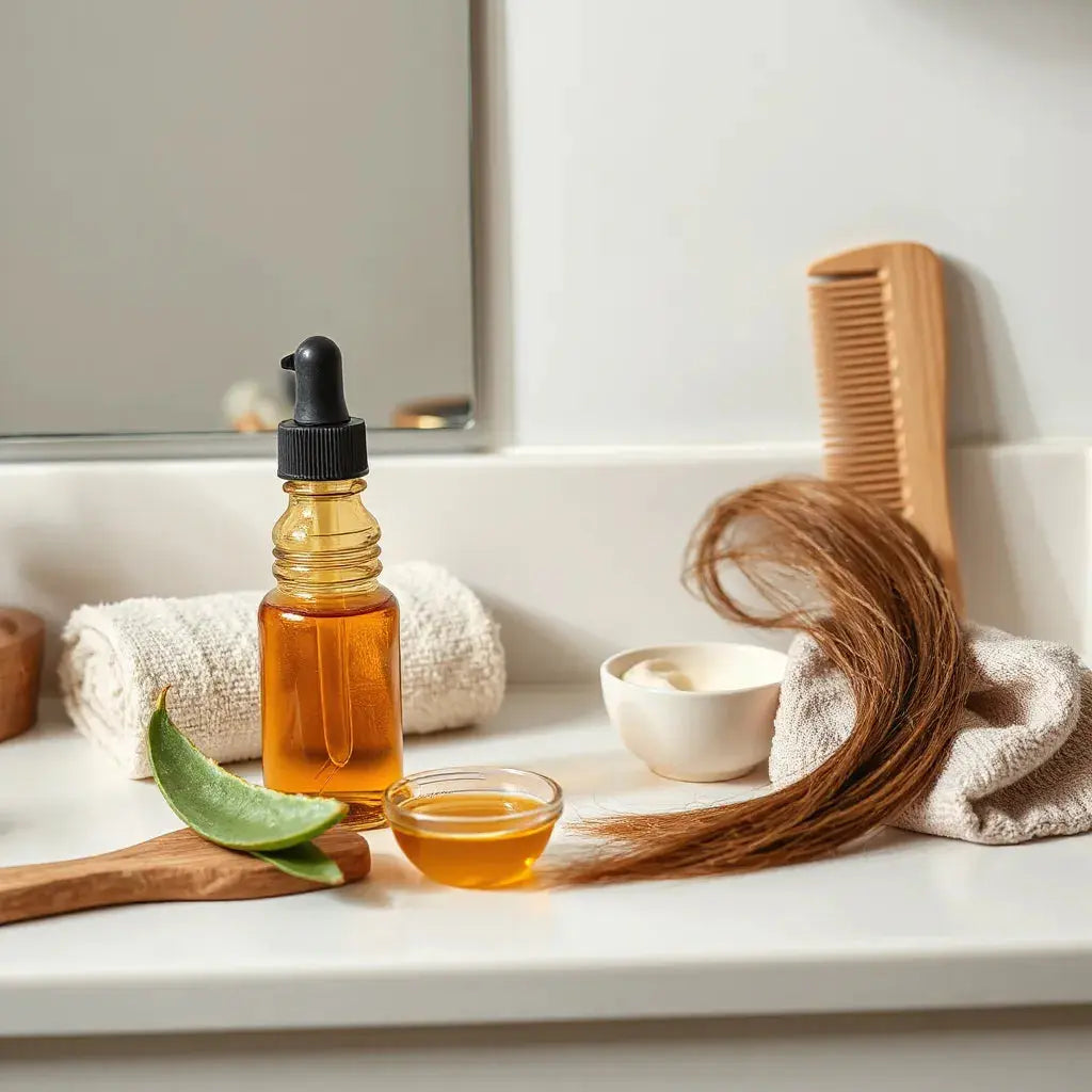 Glossy hair strands with hair oil, a comb, and natural ingredients on a clean vanity