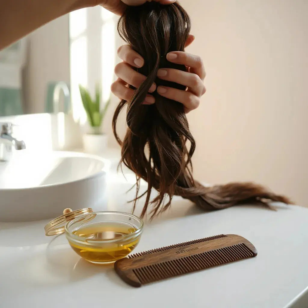 A person detangling natural hair with a wide-tooth comb beside oil and a clean countertop