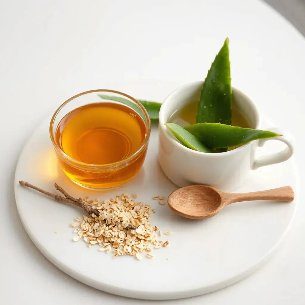 Honey, oats, aloe vera, and green tea leaves arranged on a clean ceramic surface