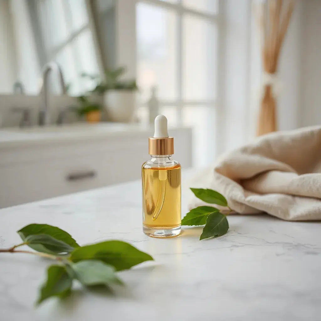Golden hair growth oil in a glass dropper bottle with green leaves on a clean marble surface
