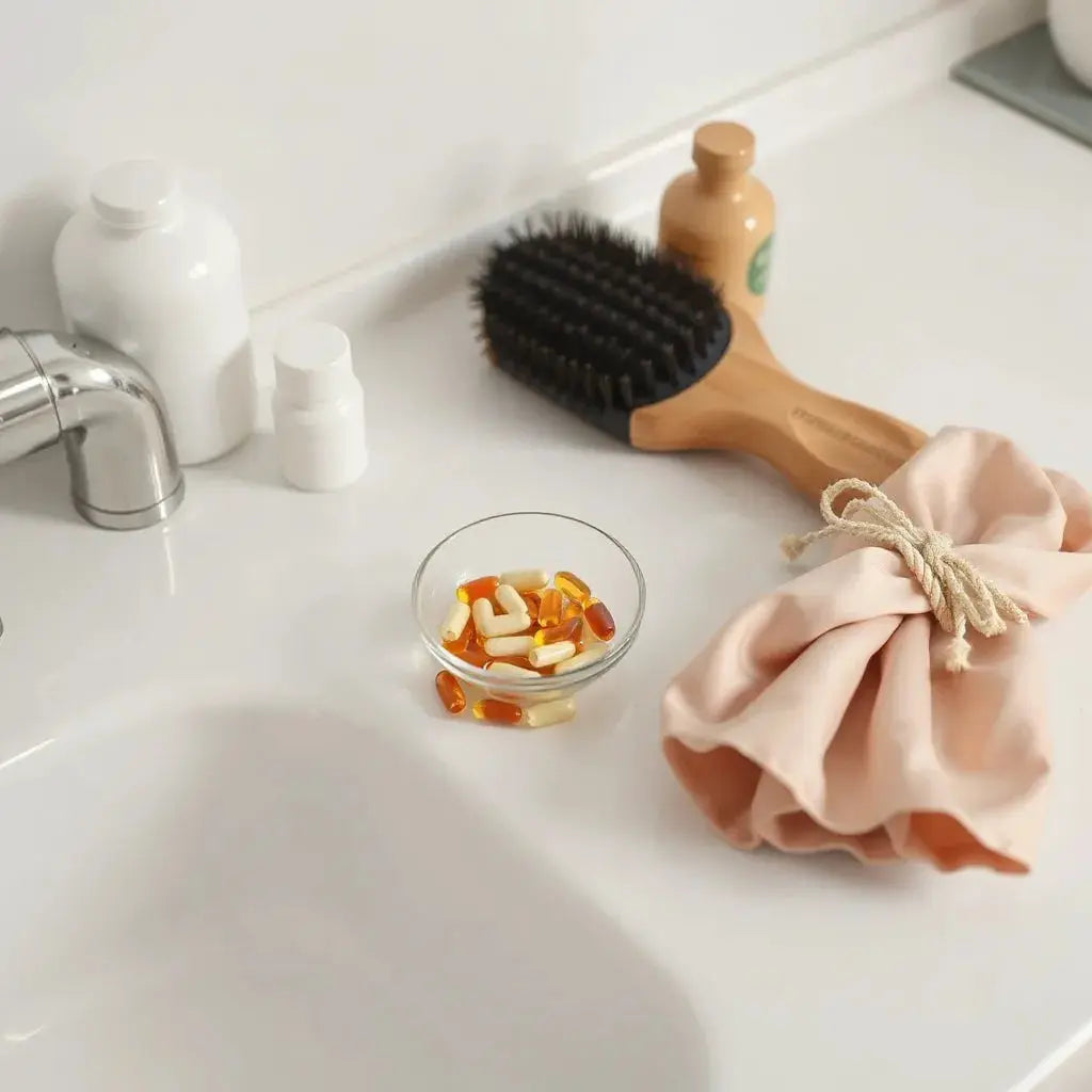 Mixed hair vitamins in a glass bowl next to hair care tools on a clean vanity