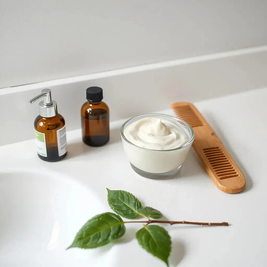 Plant-based hair mask in a glass bowl with a wooden comb on a clean vanity