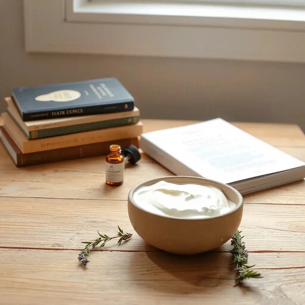 Natural beauty books beside hair oil, body lotion, and fresh botanicals on a wooden table