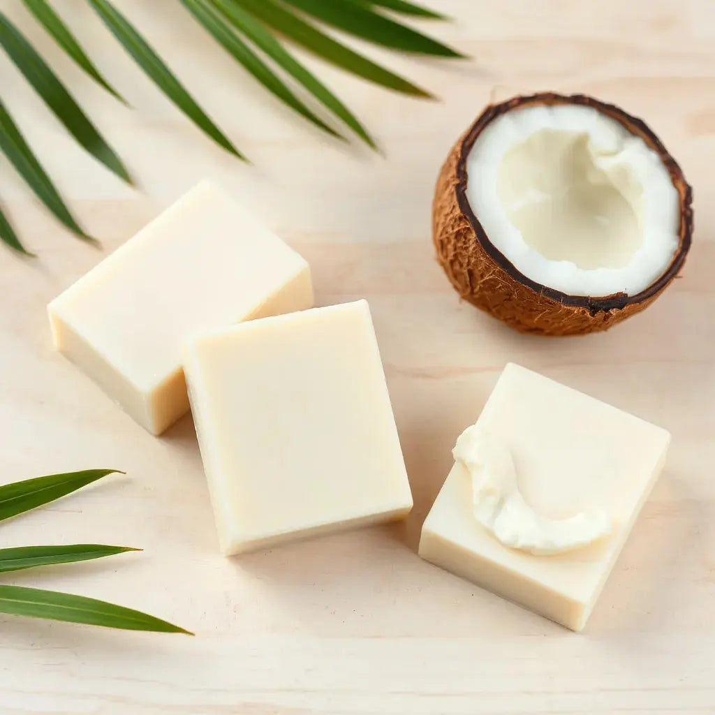 Handmade bars of creamy coconut milk soap on a wooden surface with coconut and a small bowl of milk