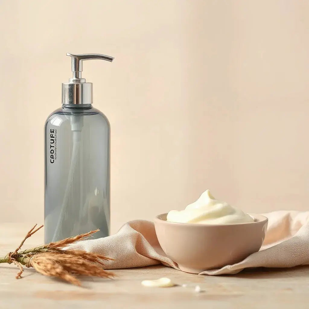 Sleek bottle of creamy hair conditioner with soft, warm lighting and glossy hair strands nearby