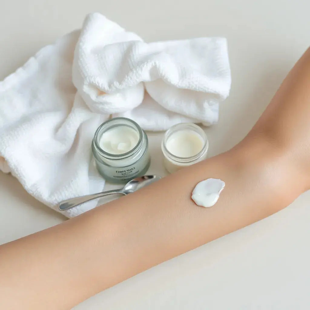 Cream jar and towel with elbow and knee areas lightly moisturized for smoother-looking skin