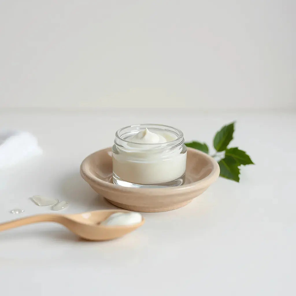 Moisturizing cream jar with a small dollop on a clean vanity, styled for sensitive skin care