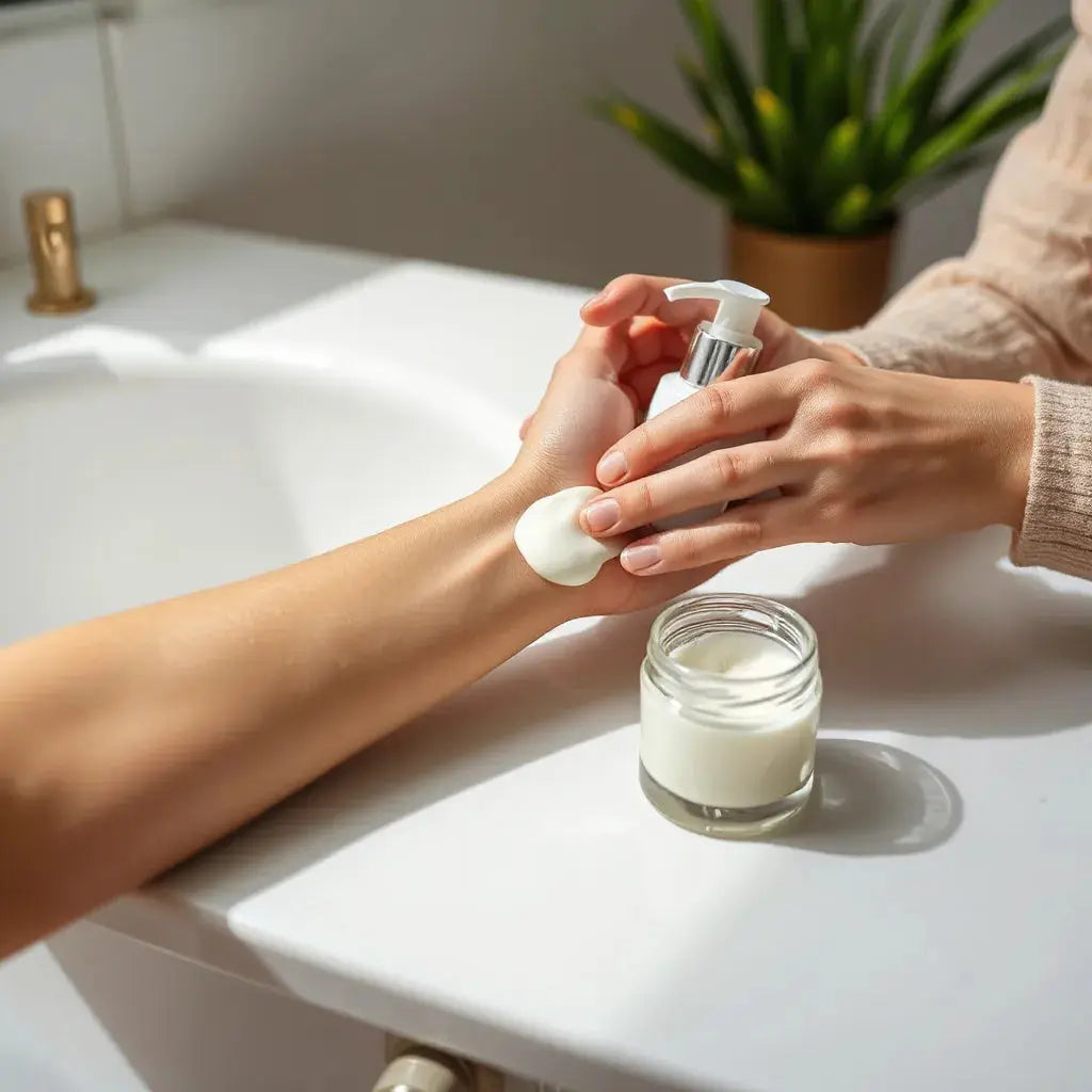 Creamy moisturizing lotion being spread on an arm, with a pump bottle on a clean countertop