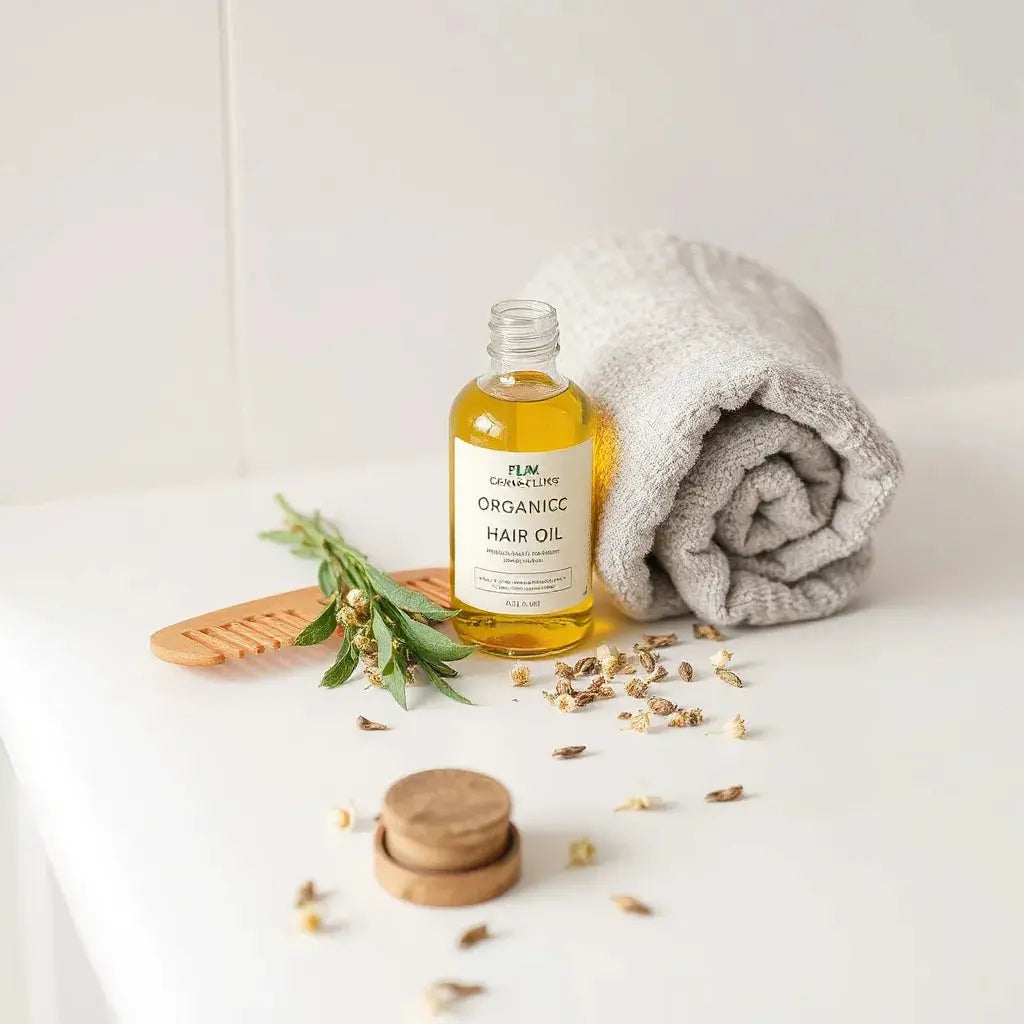 Glass hair oil, wooden comb, towel, and fresh herbs on a clean countertop.